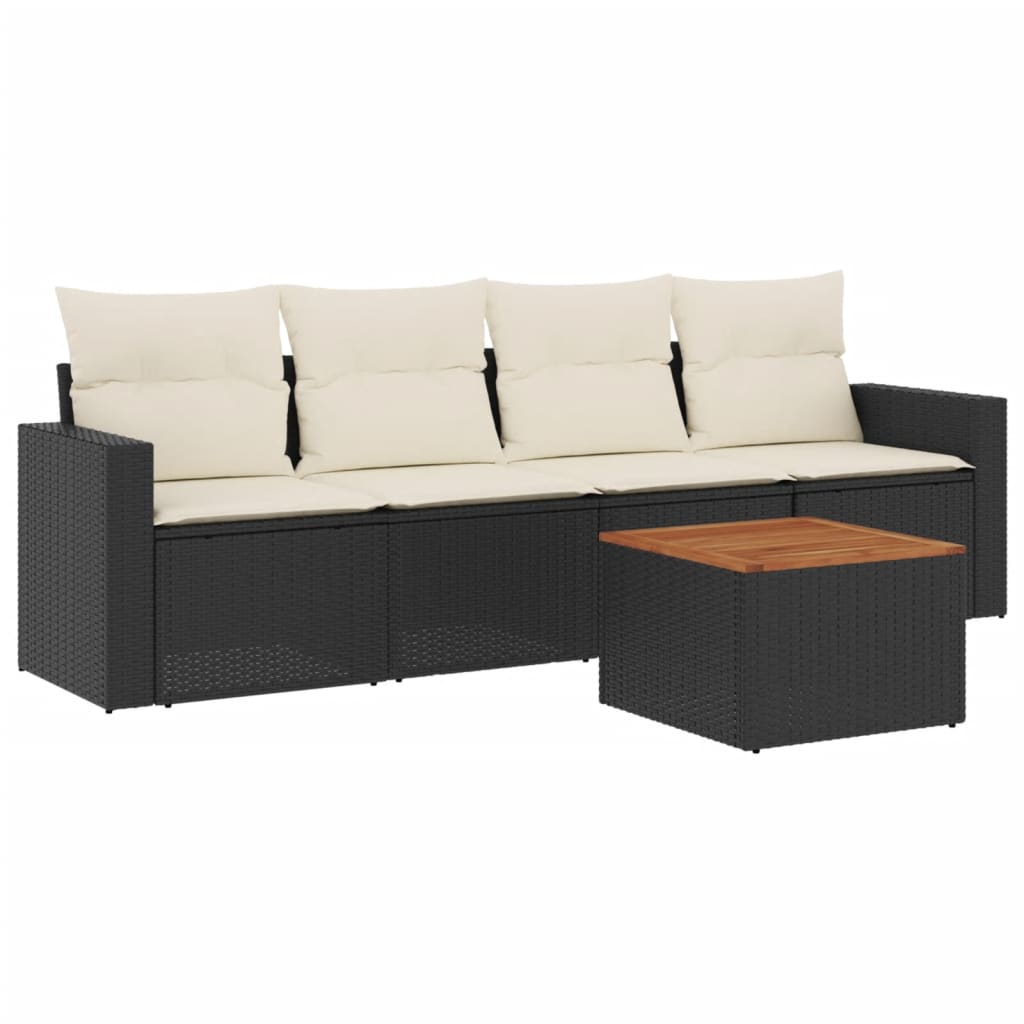 5-piece garden sofa set with cushions, black poly rattan