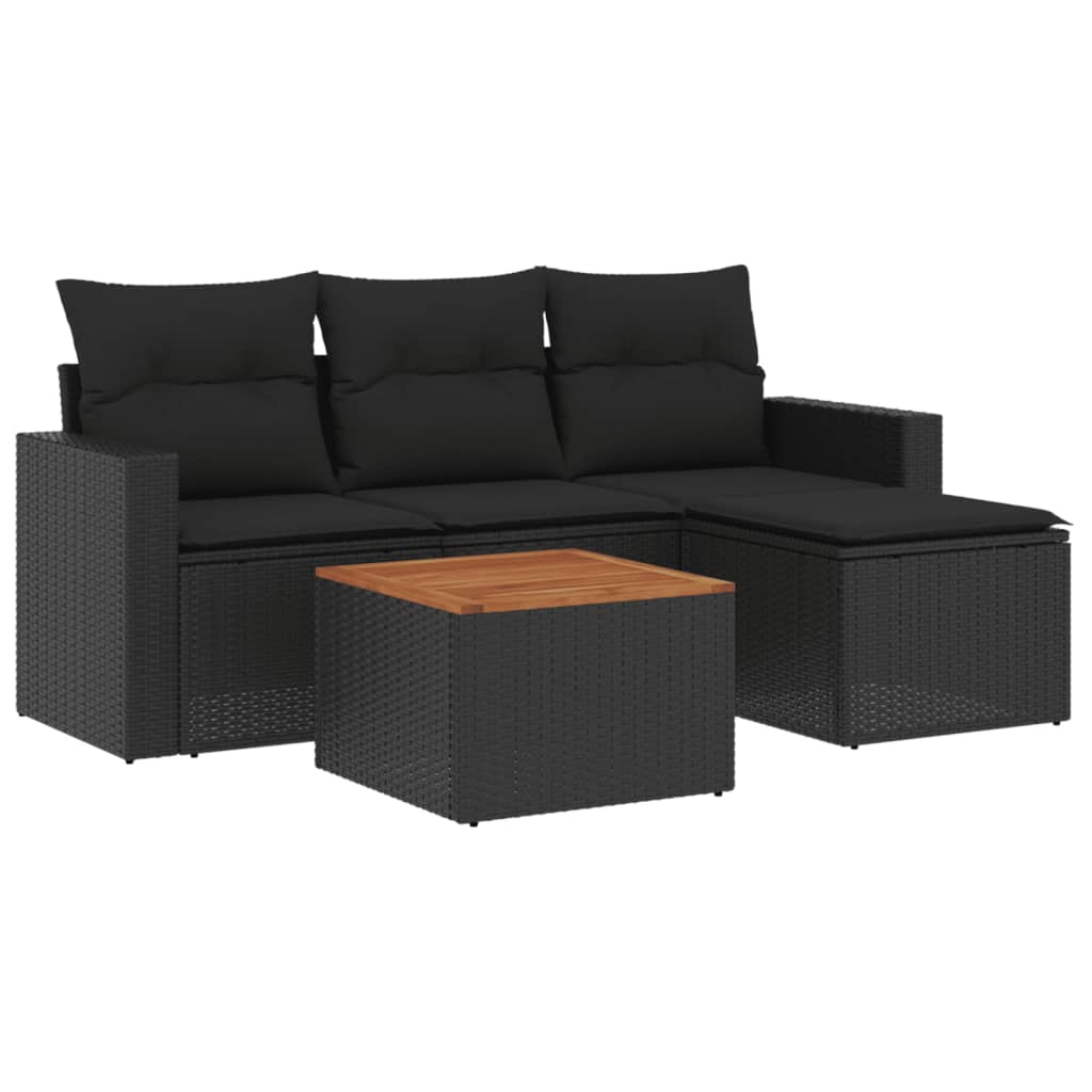 5-piece garden sofa set with cushions, black poly rattan