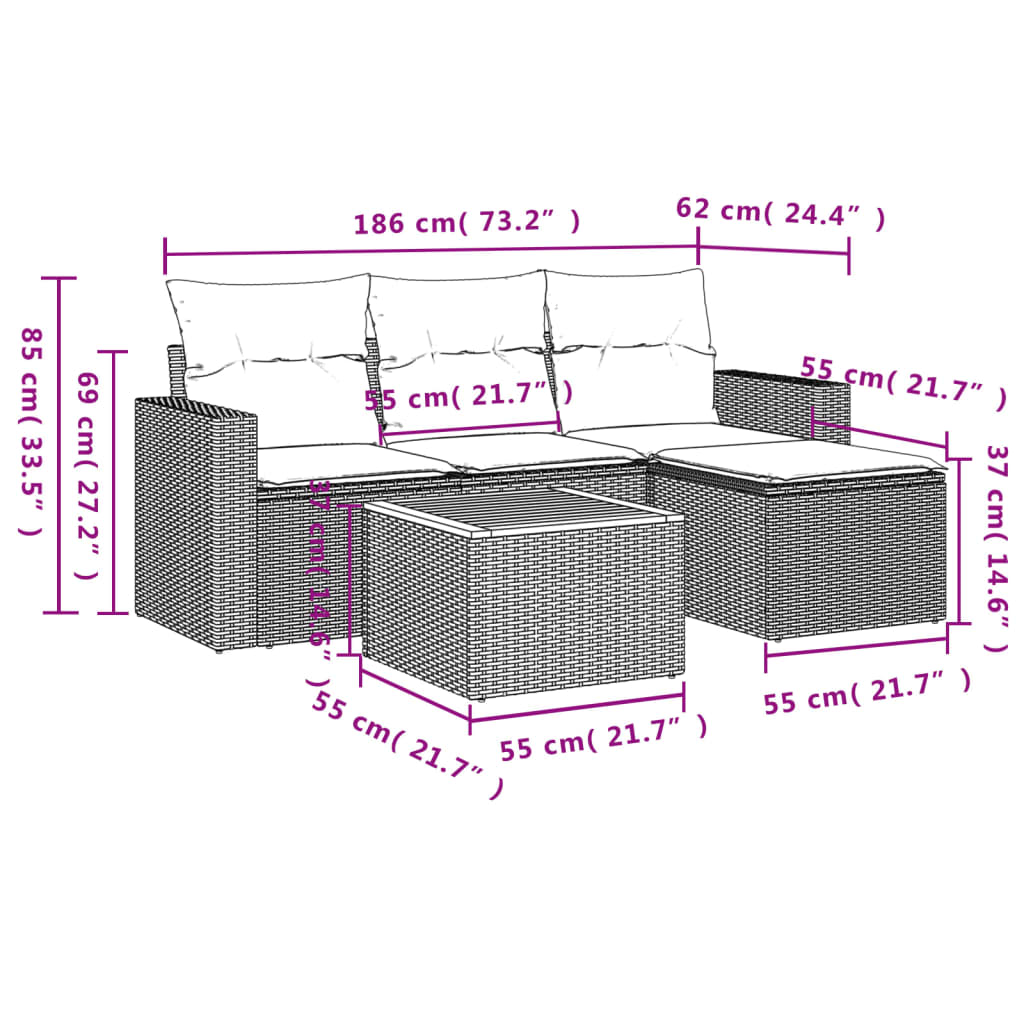 5-piece garden sofa set with cushions, black poly rattan