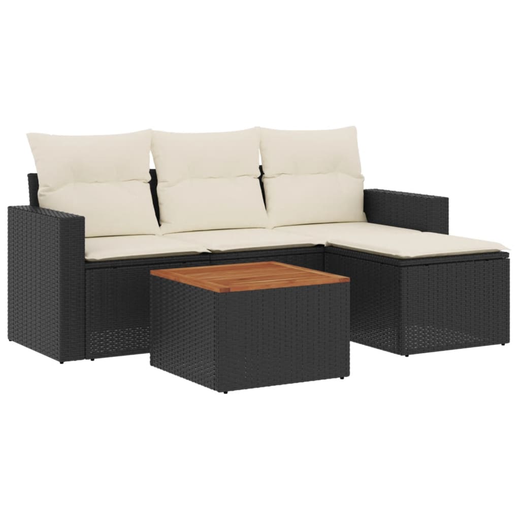 5-piece garden sofa set with cushions, black poly rattan