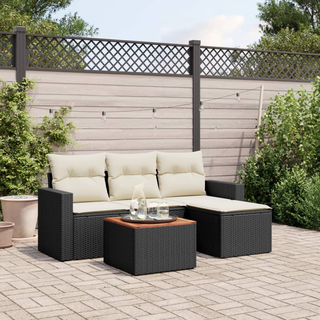 5-piece garden sofa set with cushions, black poly rattan