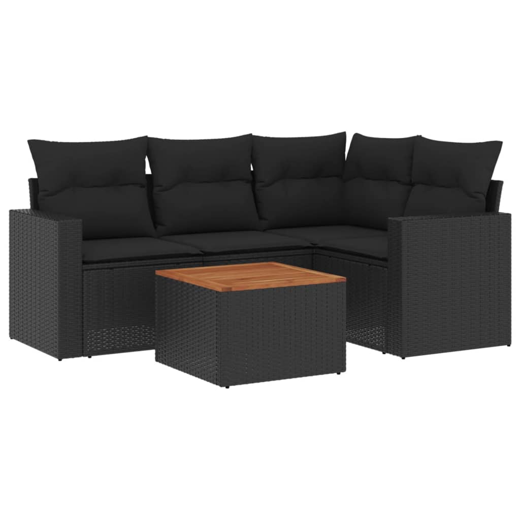 5-piece garden sofa set with cushions, black poly rattan
