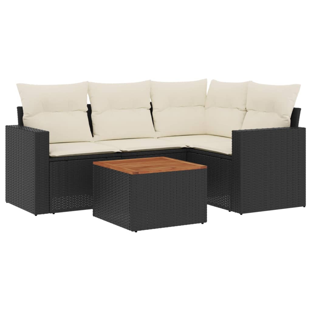 5-piece garden sofa set with cushions, black poly rattan