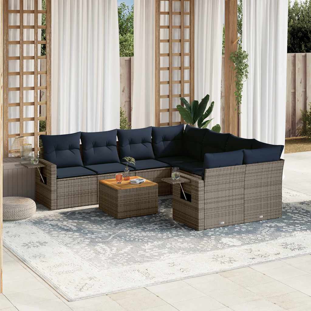 9-teiliges Gartensofa-Set mit Kissen, grau, Polyrattan