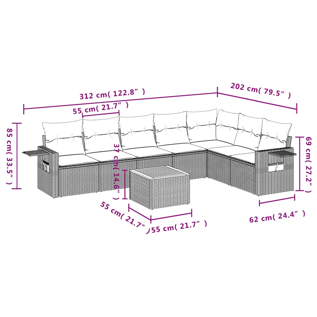 8-teiliges Gartensofa-Set mit Kissen, schwarzes Polyrattan