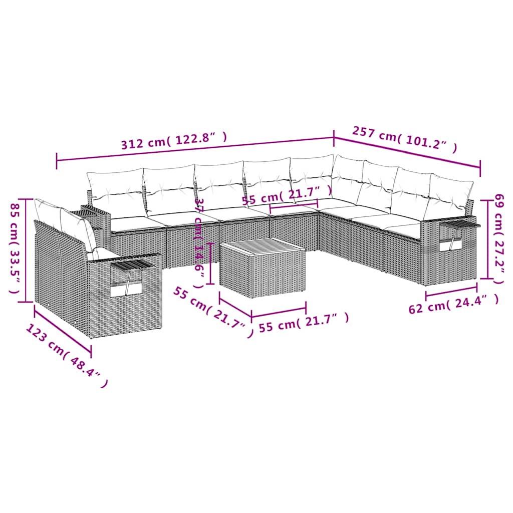 11-teiliges Gartensofa-Set mit Kissen, grau, Polyrattan