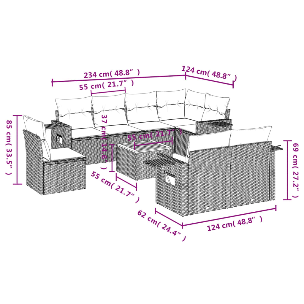 9-teiliges Gartensofa-Set mit Kissen, schwarzes Polyrattan
