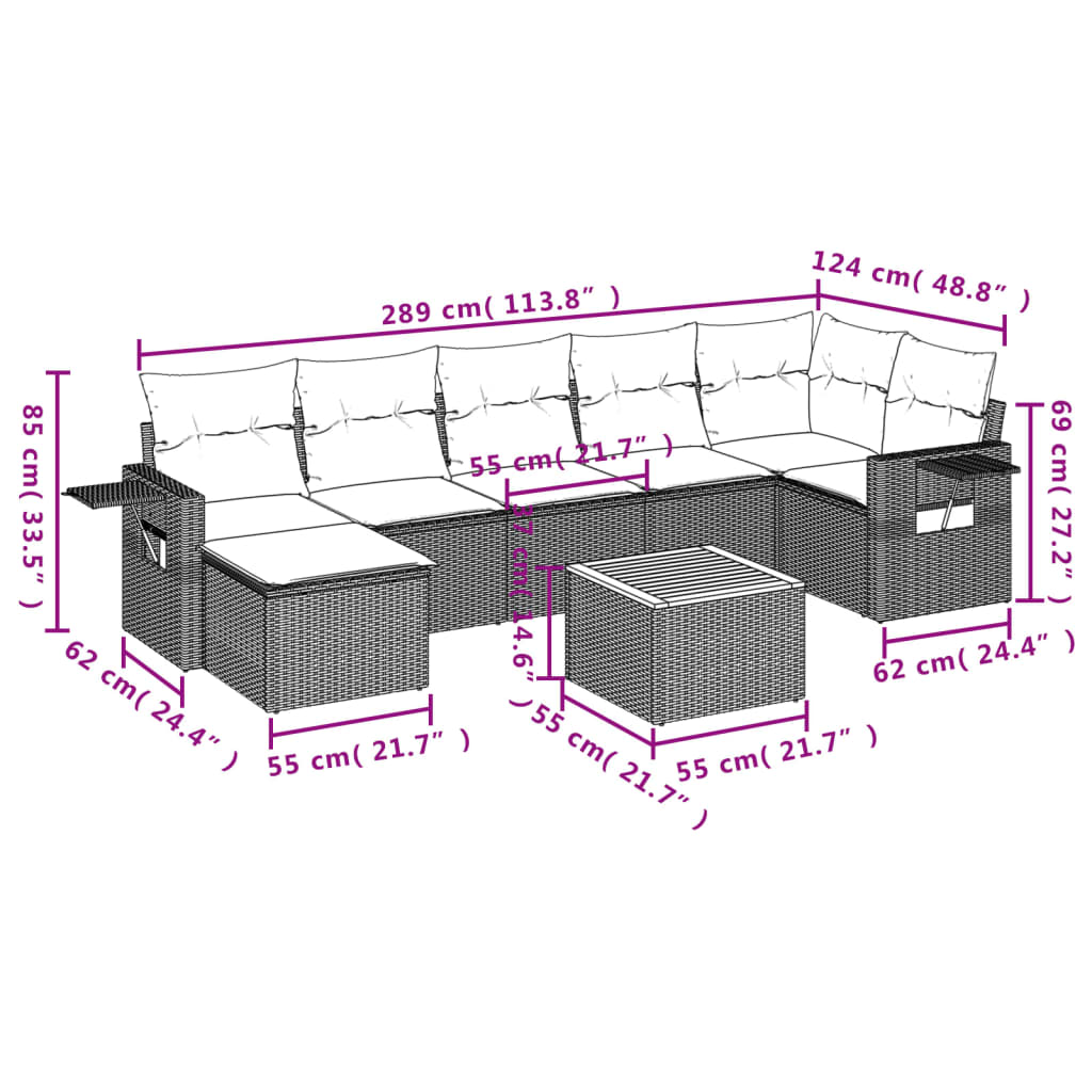 8-teiliges Gartensofa-Set mit Kissen, schwarzes Polyrattan