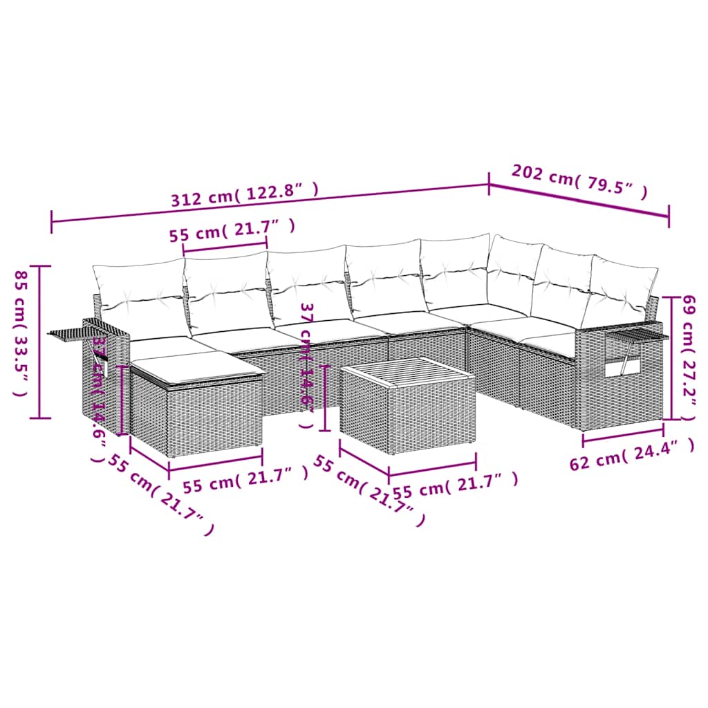 9-teiliges Gartensofa-Set mit Kissen, schwarzes Polyrattan