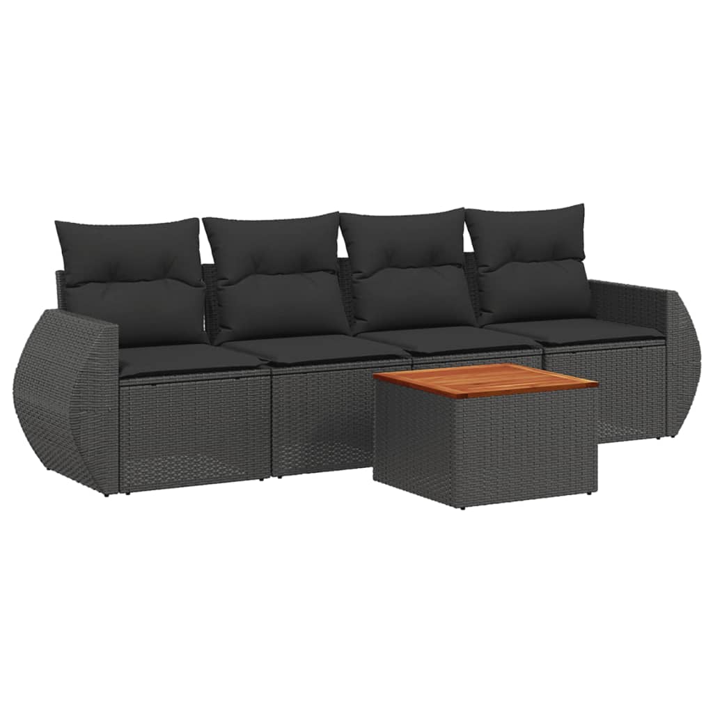 5-piece garden sofa set with cushions, black poly rattan