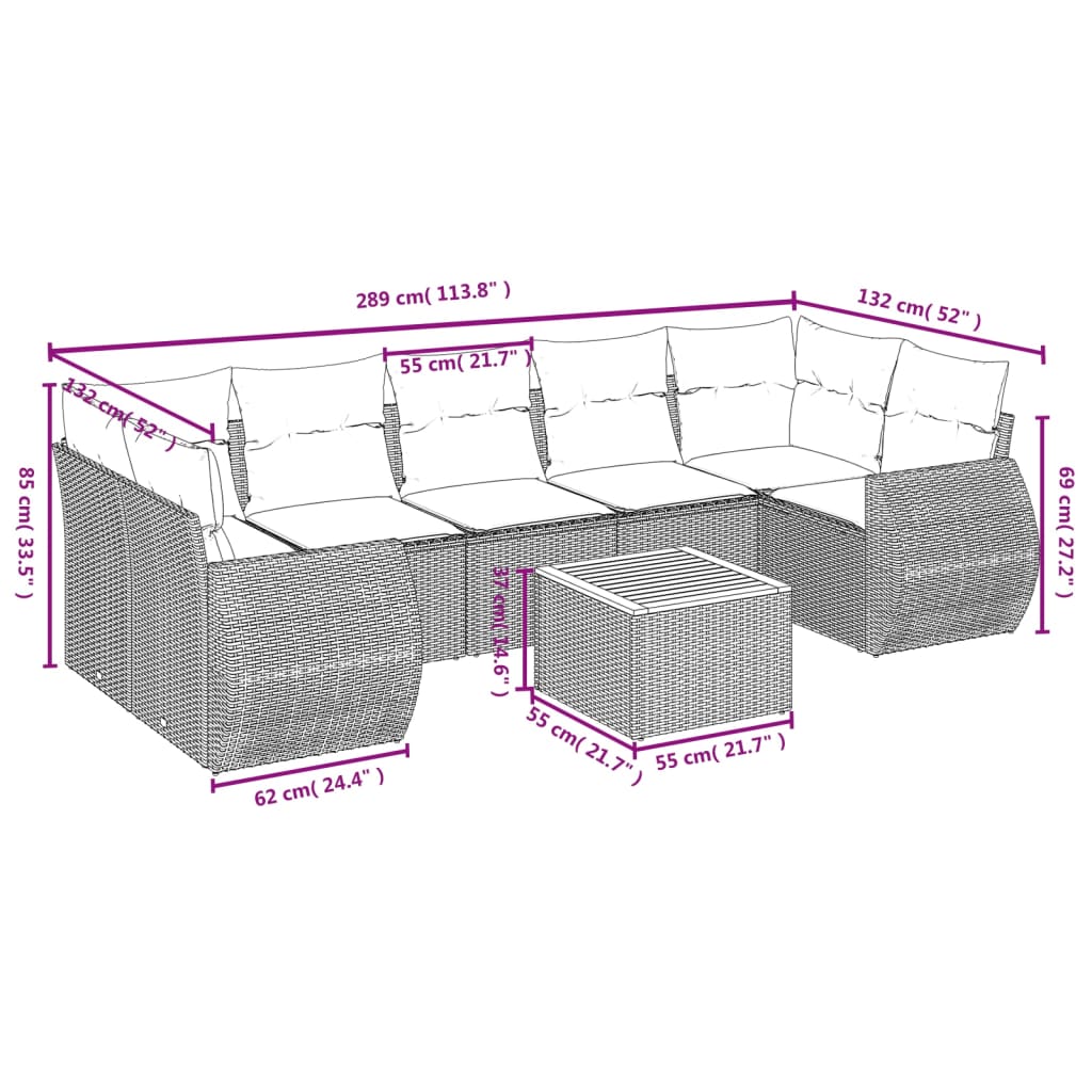 Ensemble de canapés de jardin 8 pièces avec coussins, en polyrotin noir