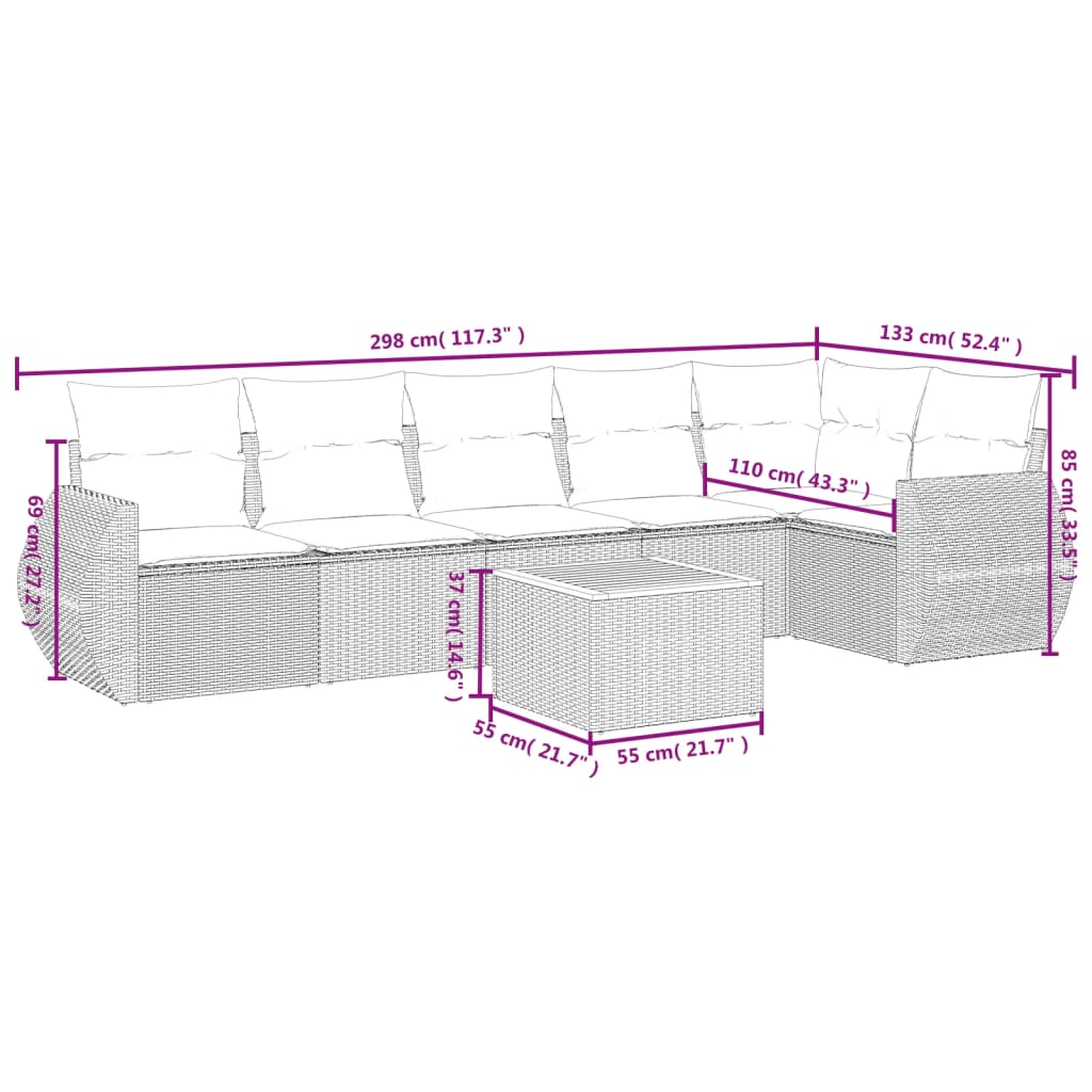 7-teiliges Gartensofa-Set mit Kissen, schwarzes Polyrattan