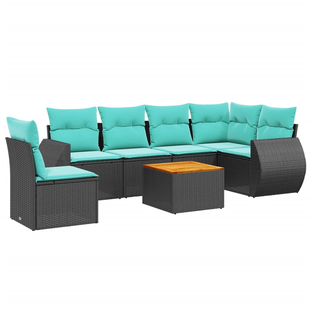 7-teiliges Gartensofa-Set mit Kissen, schwarzes Polyrattan