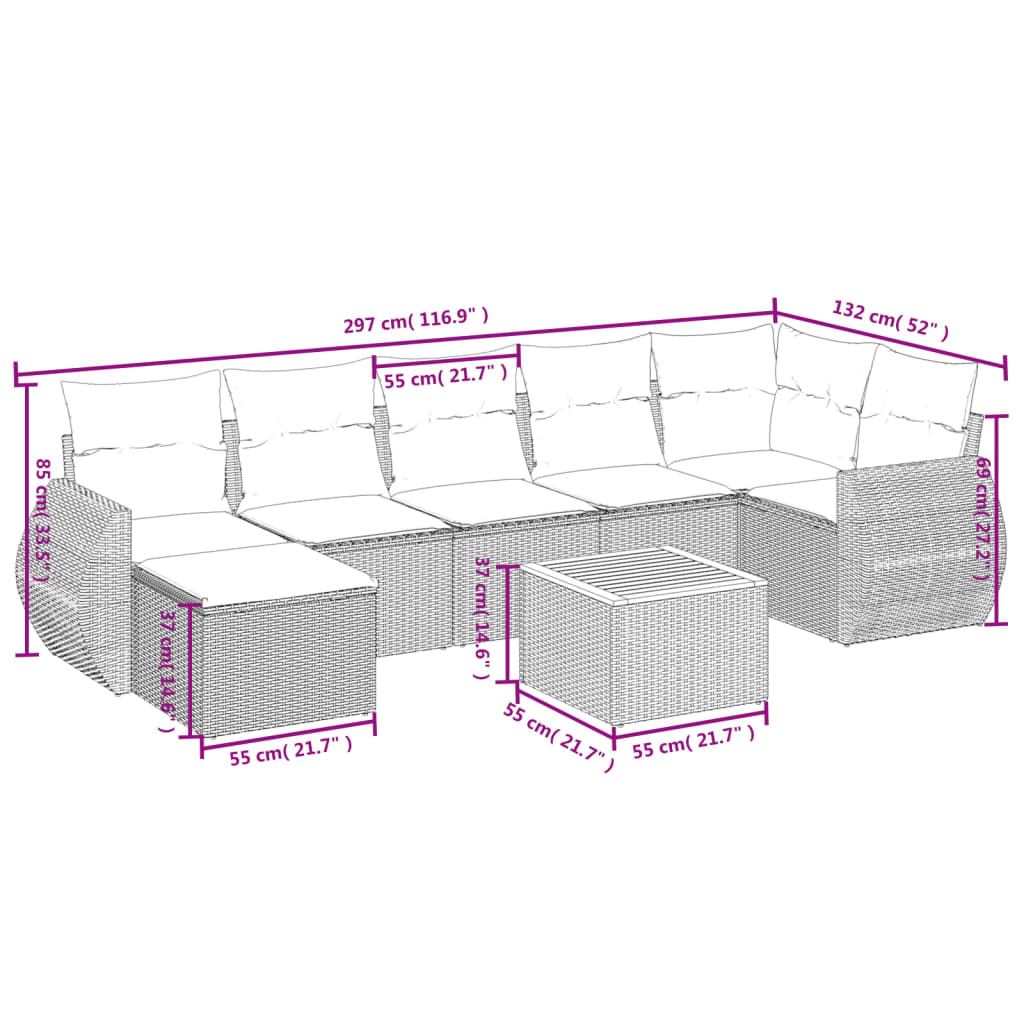 8-piece garden sofa set with cushions, black poly rattan