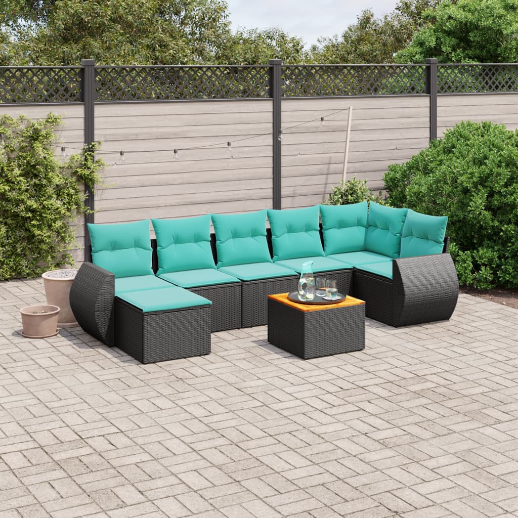 8-teiliges Gartensofa-Set mit Kissen, schwarzes Polyrattan