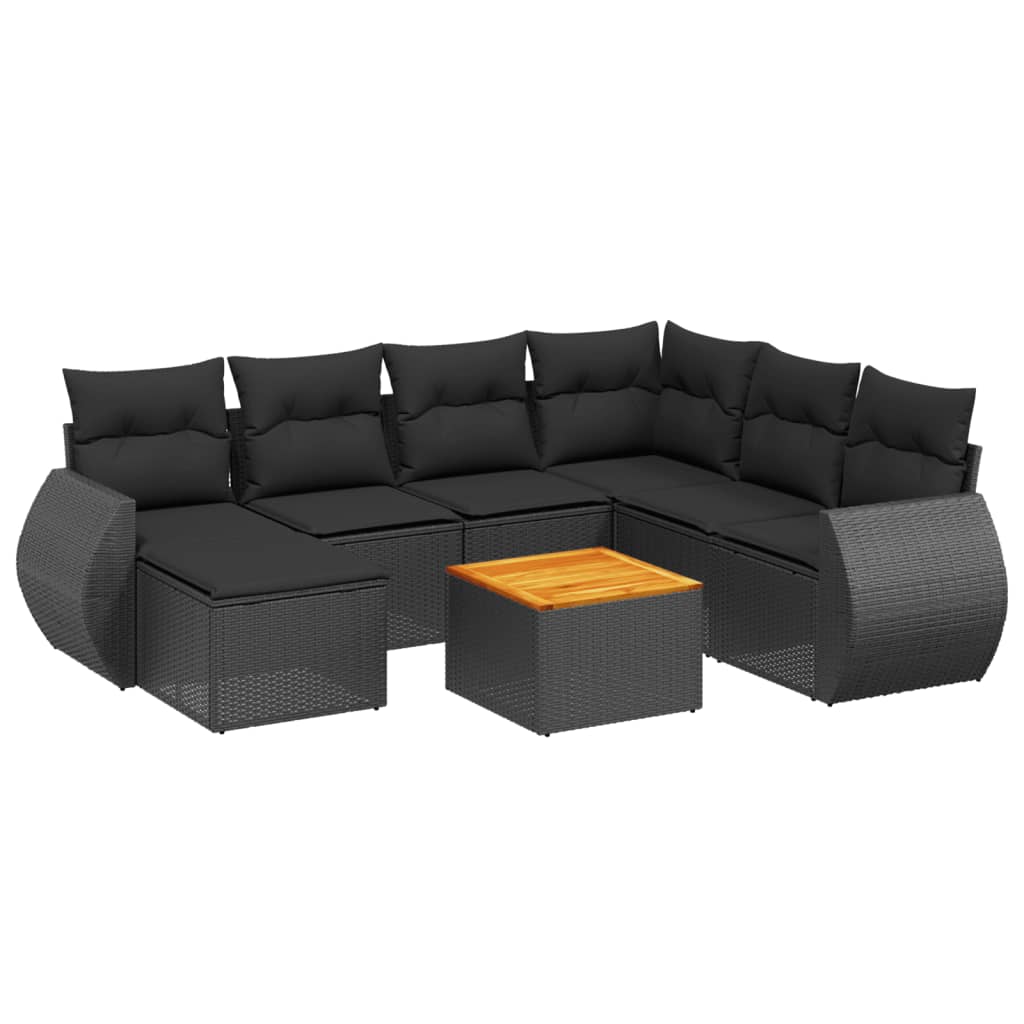 8-piece garden sofa set with cushions, black poly rattan
