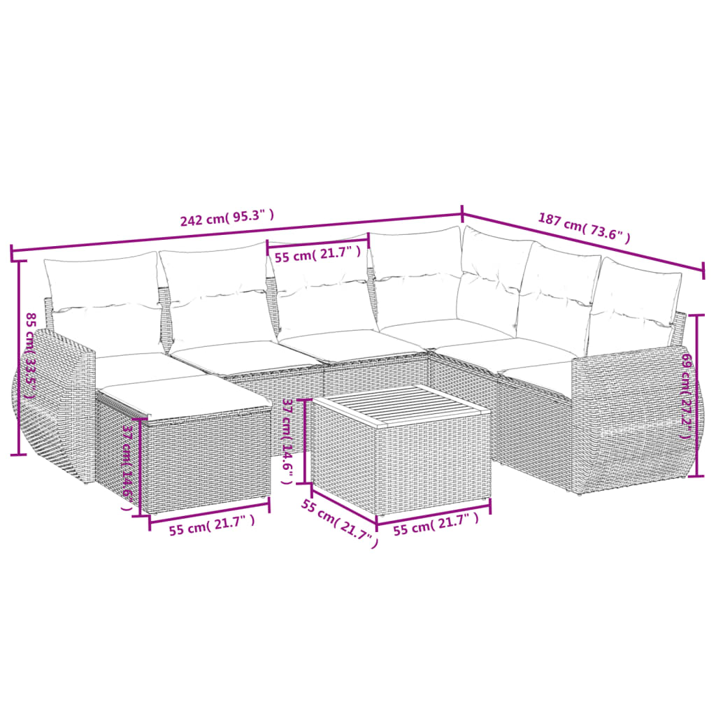 8-piece garden sofa set with cushions, black poly rattan