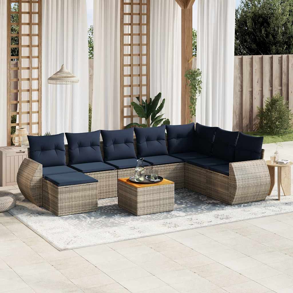 9-teiliges Gartensofa-Set mit Kissen, grau, Polyrattan