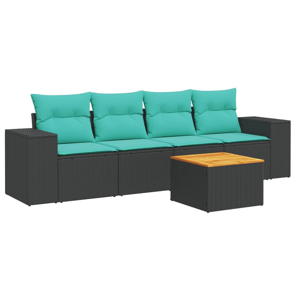 5-tlg. Garten-Sofagarnitur mit Kissen Schwarz Poly Rattan