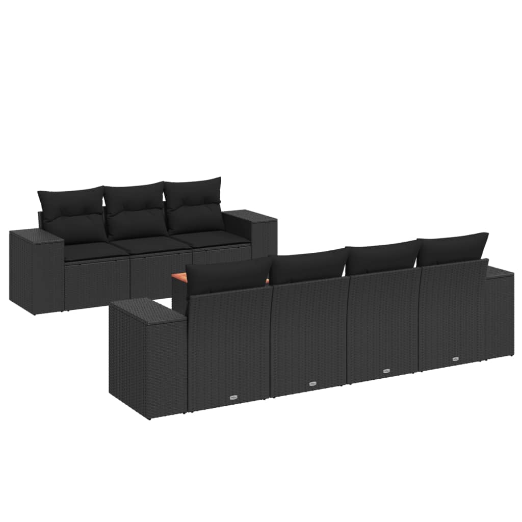 8-piece garden sofa set with cushions, black poly rattan