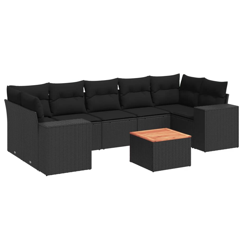 8-piece garden sofa set with cushions, black poly rattan