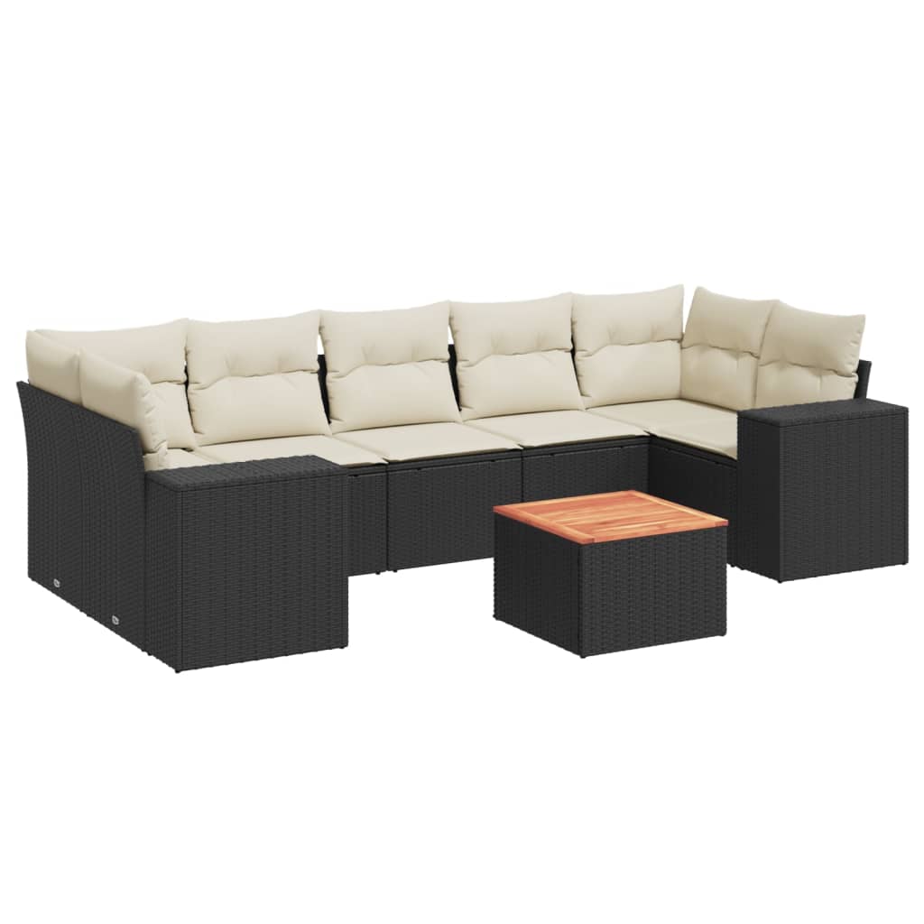 8-piece garden sofa set with cushions, black poly rattan