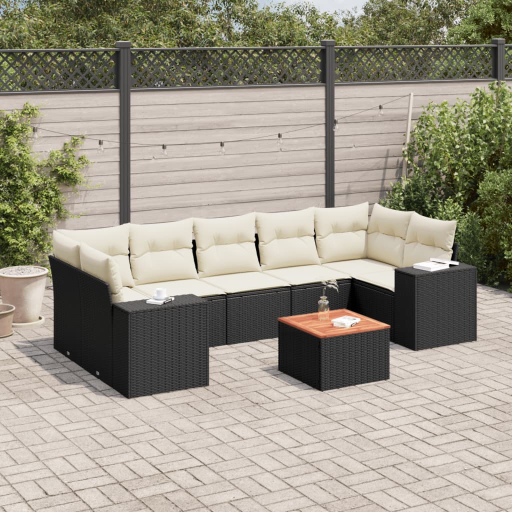 8-piece garden sofa set with cushions, black poly rattan