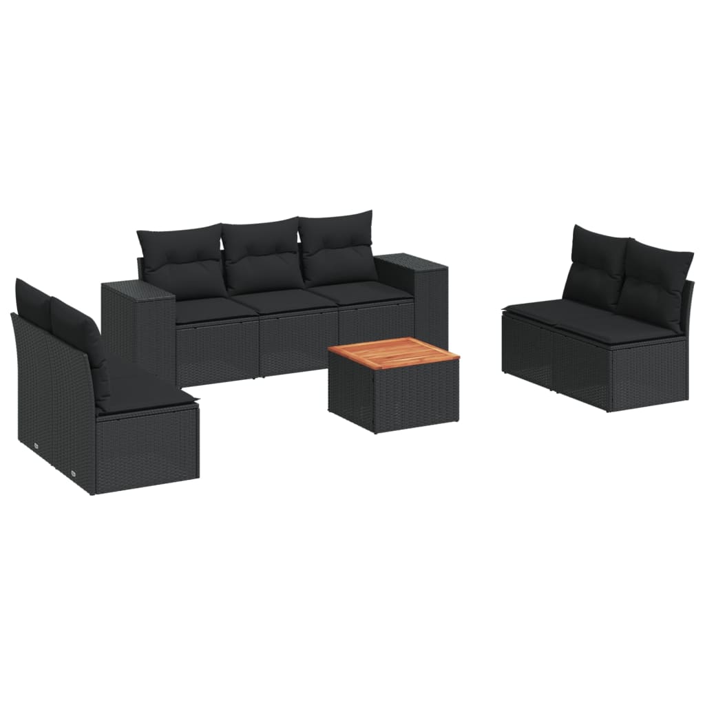 8-piece garden sofa set with cushions, black poly rattan