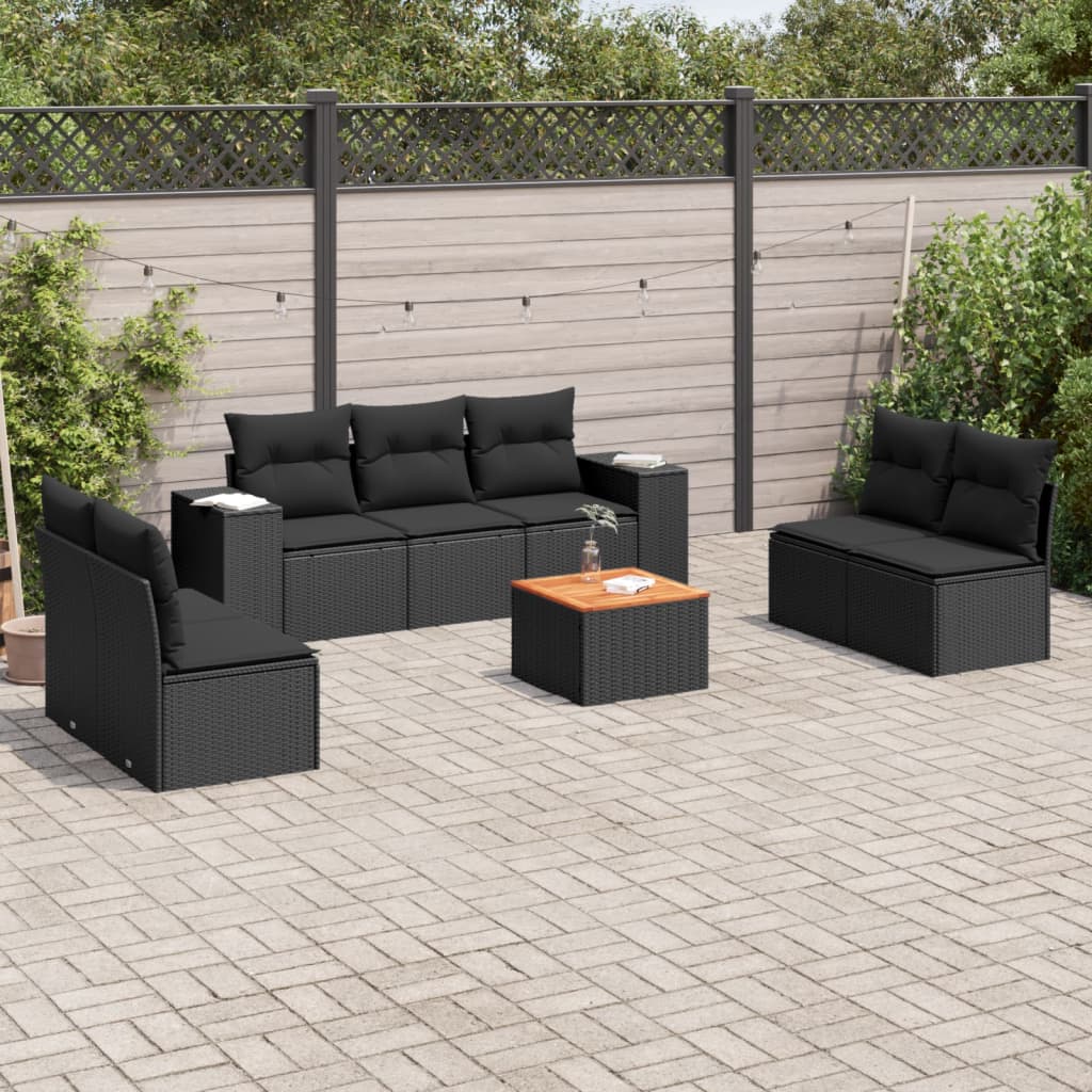 8-piece garden sofa set with cushions, black poly rattan