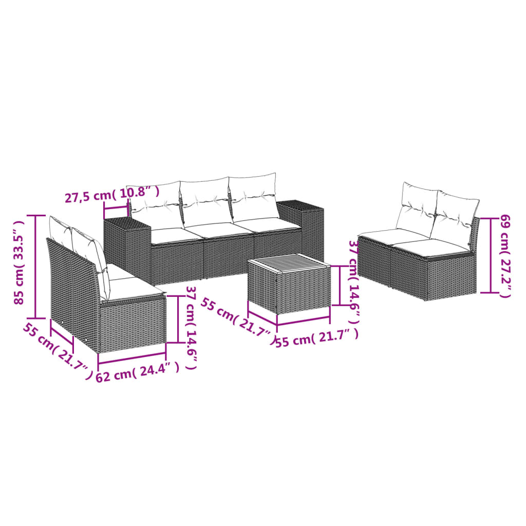 8-piece garden sofa set with cushions, black poly rattan