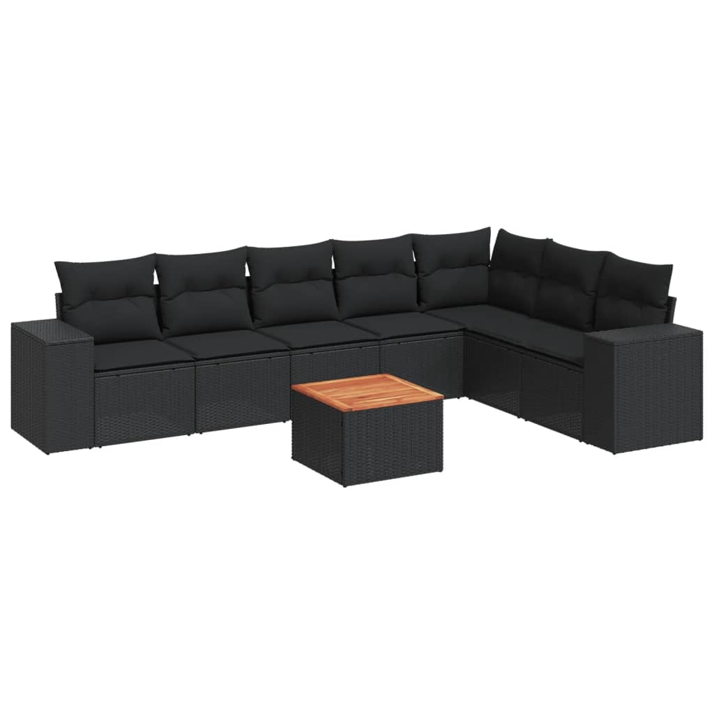 8-piece garden sofa set with cushions, black poly rattan