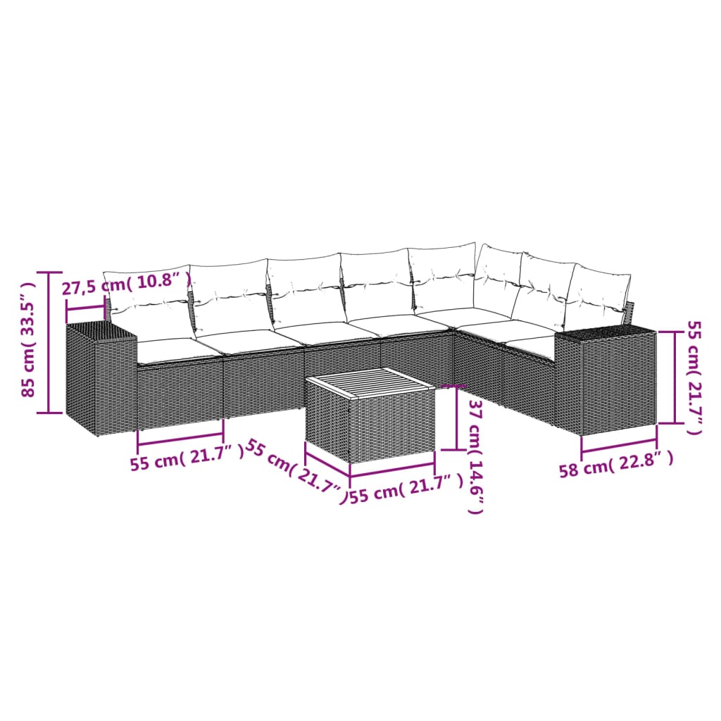 8-piece garden sofa set with cushions, black poly rattan