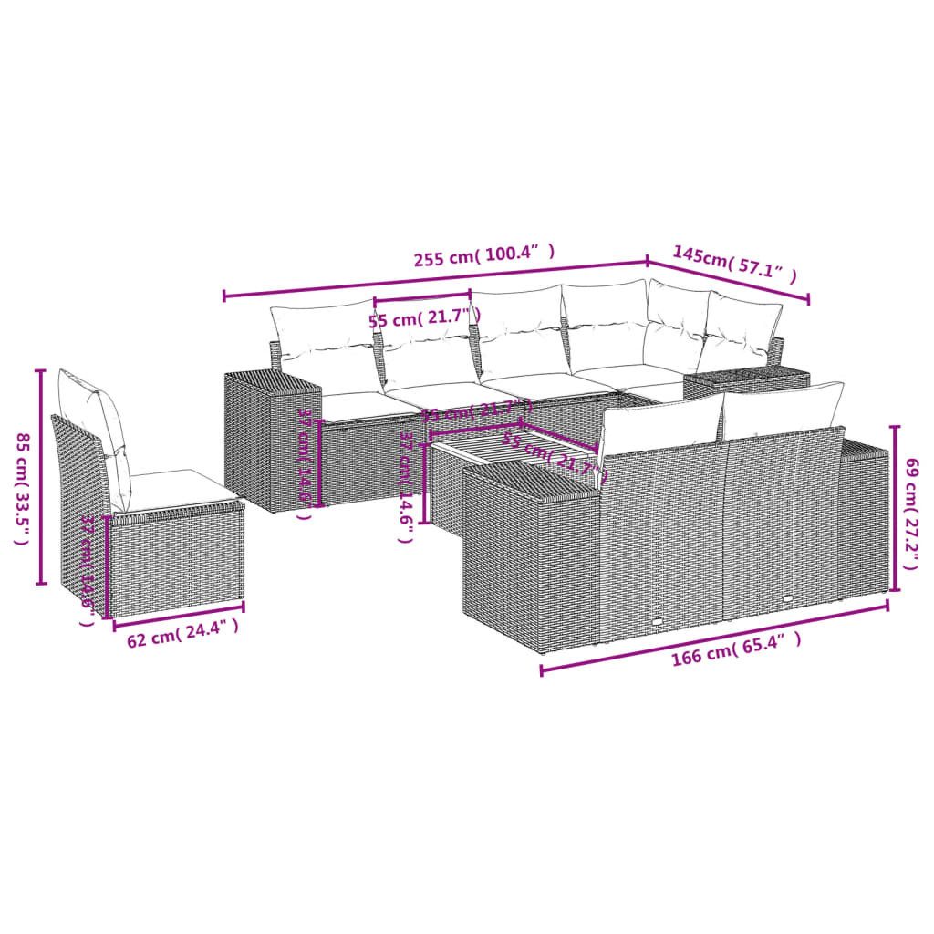 9-teiliges Gartensofa-Set mit Kissen, schwarzes Polyrattan