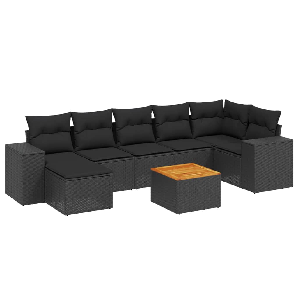 8-piece garden sofa set with cushions, black poly rattan