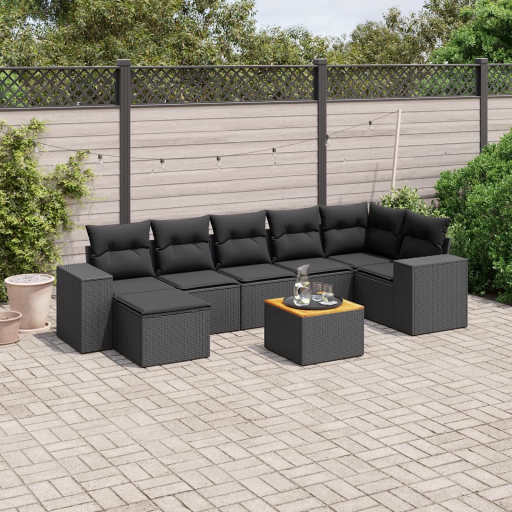 8-piece garden sofa set with cushions, black poly rattan