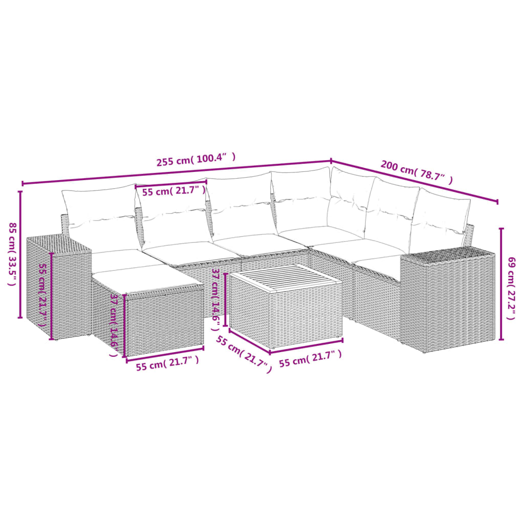 8-piece garden sofa set with cushions, black poly rattan