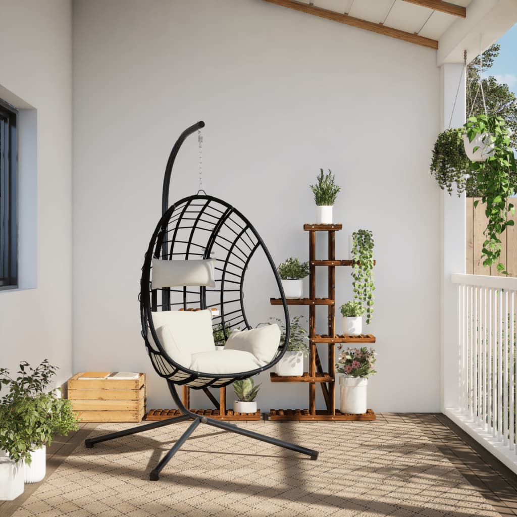 Chaise suspendue design oeuf avec pied en rotin beige et acier
