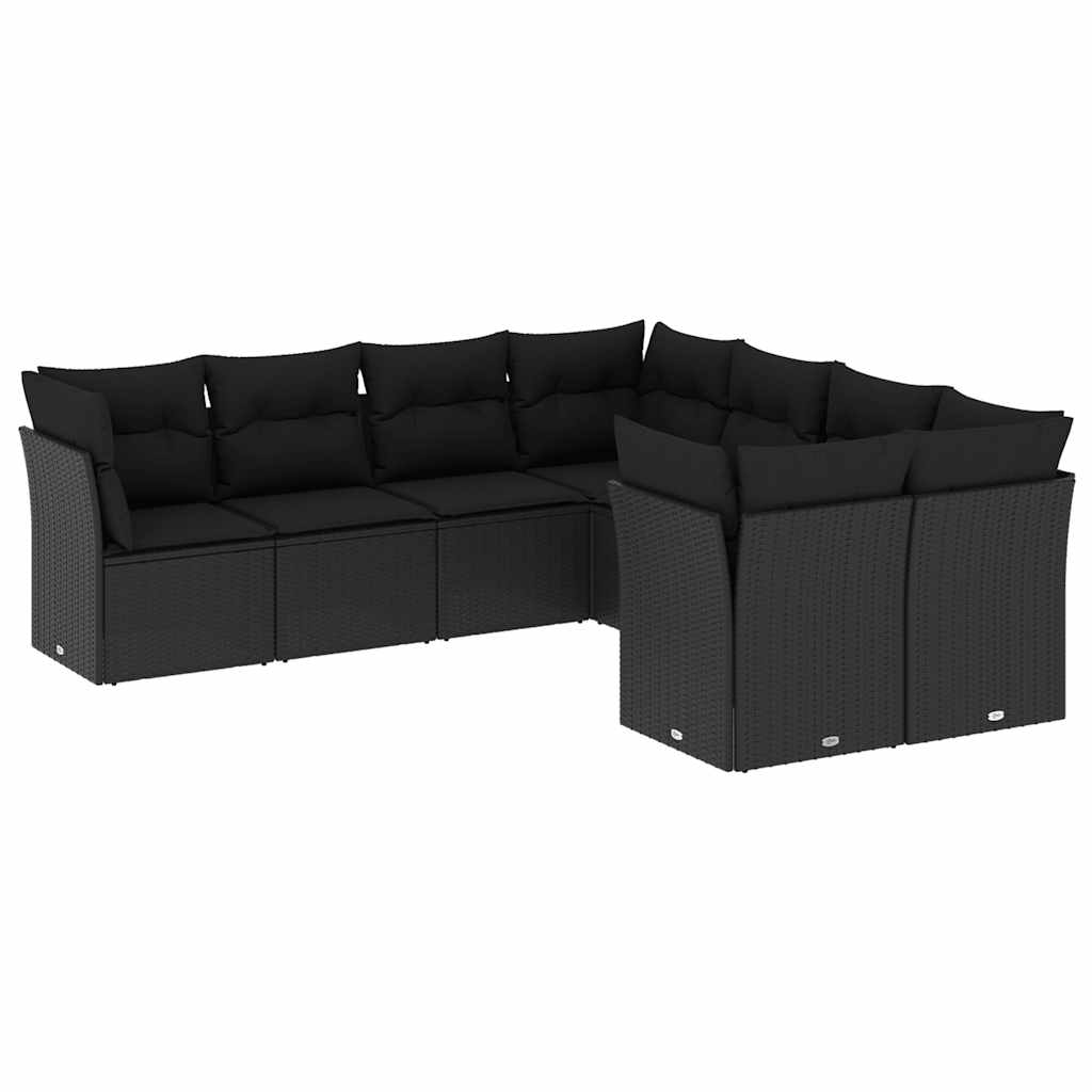 8-piece garden sofa set with cushions, black poly rattan
