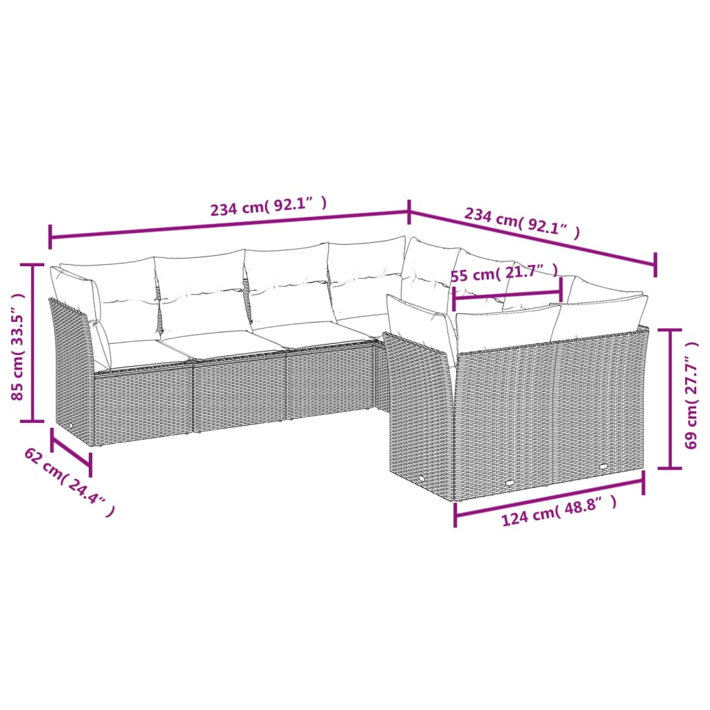8-piece garden sofa set with cushions, black poly rattan