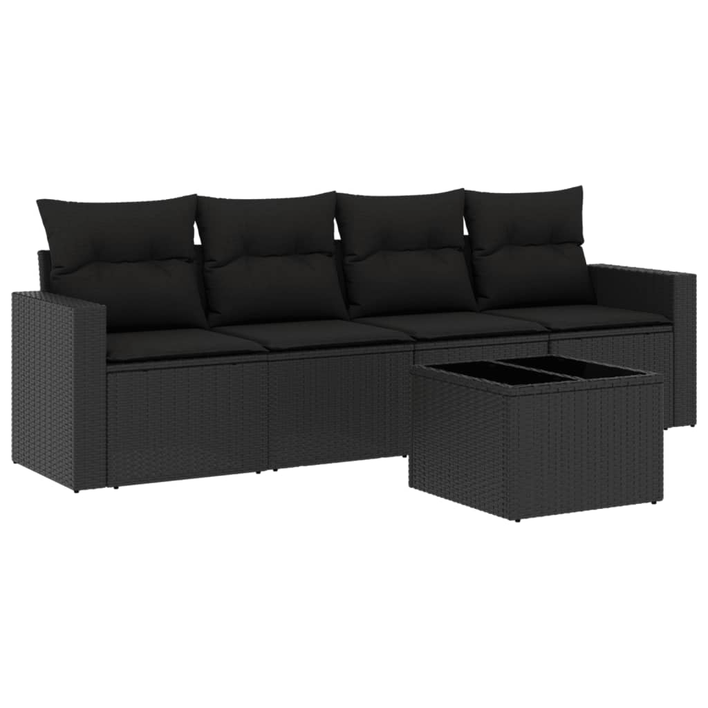 5-piece garden sofa set with cushions, black poly rattan