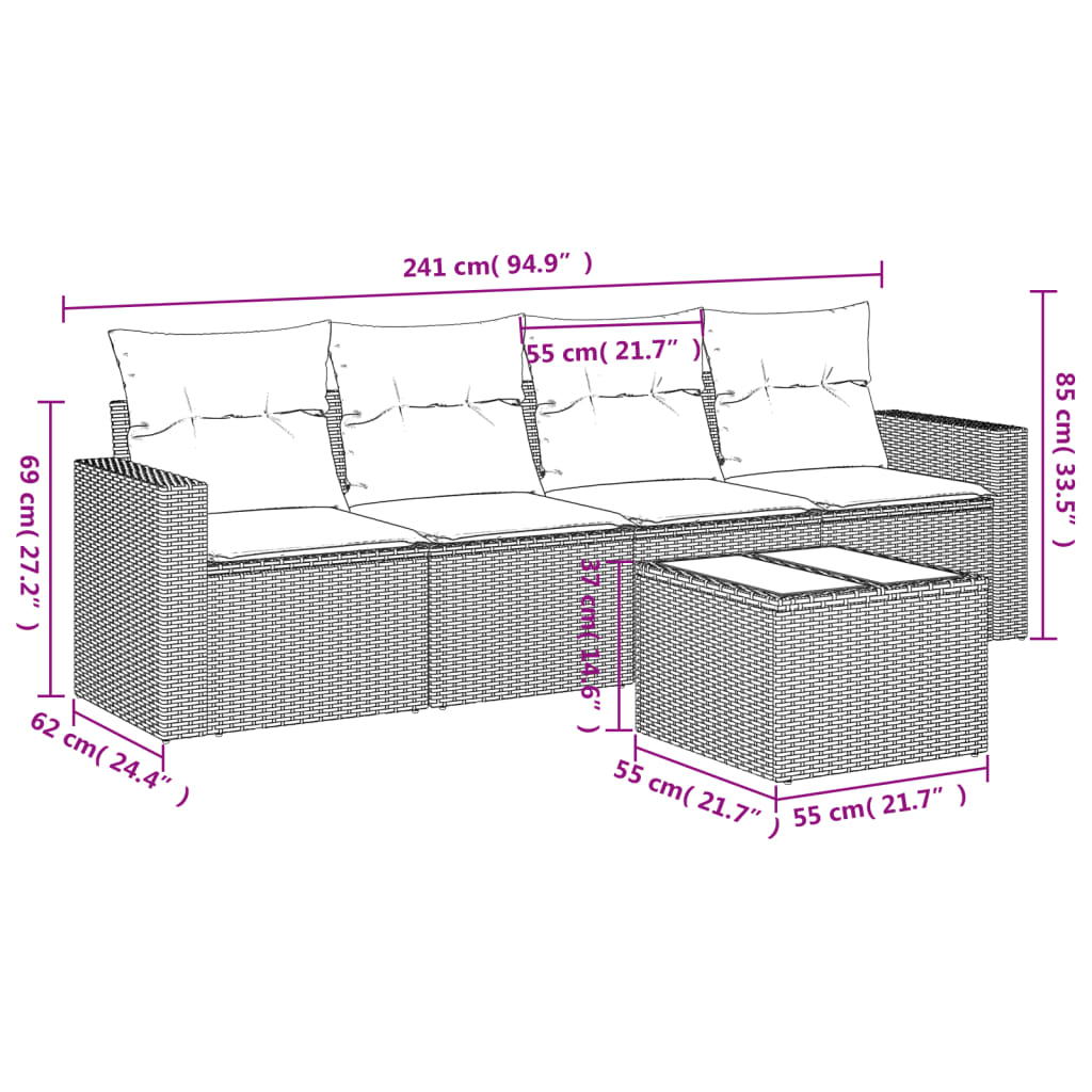 5-piece garden sofa set with cushions, black poly rattan