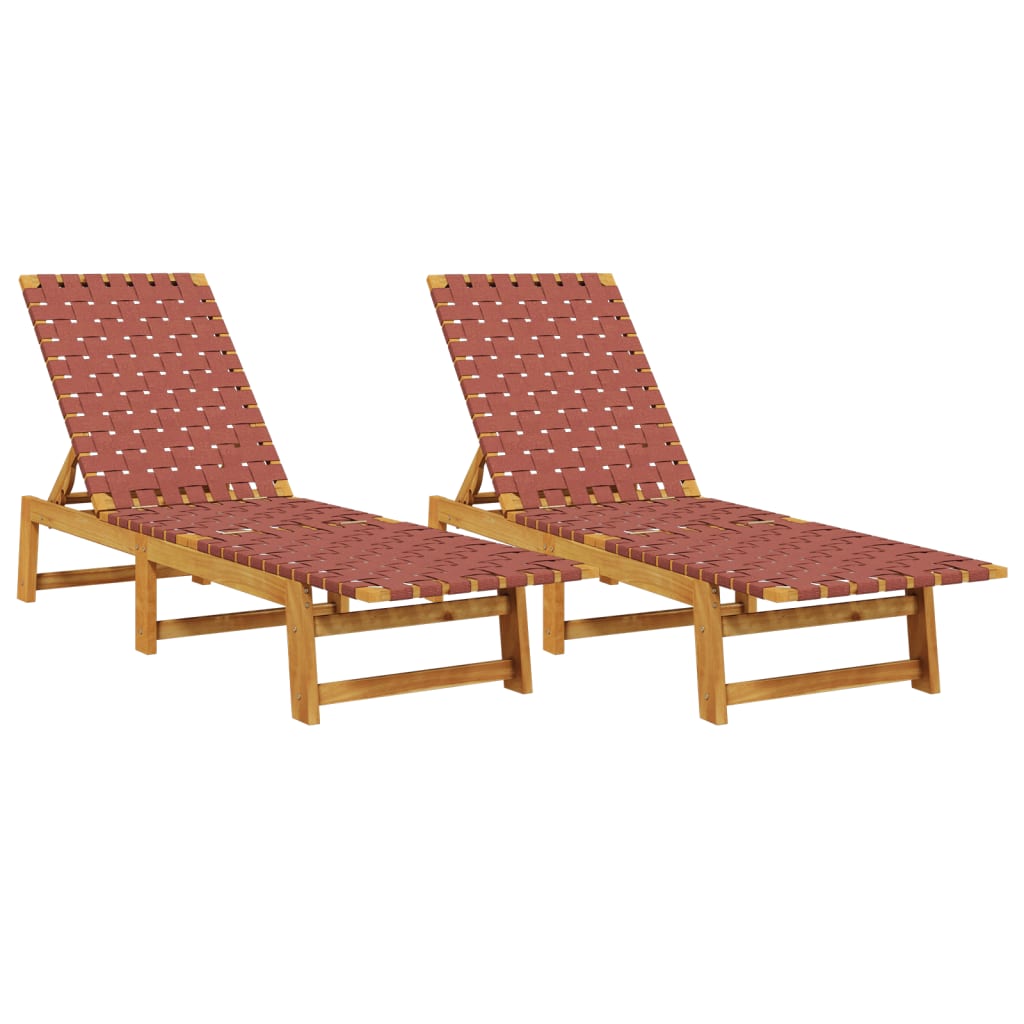 Chaises longues, lot de 2, en bois d'acacia massif rouge et tissu