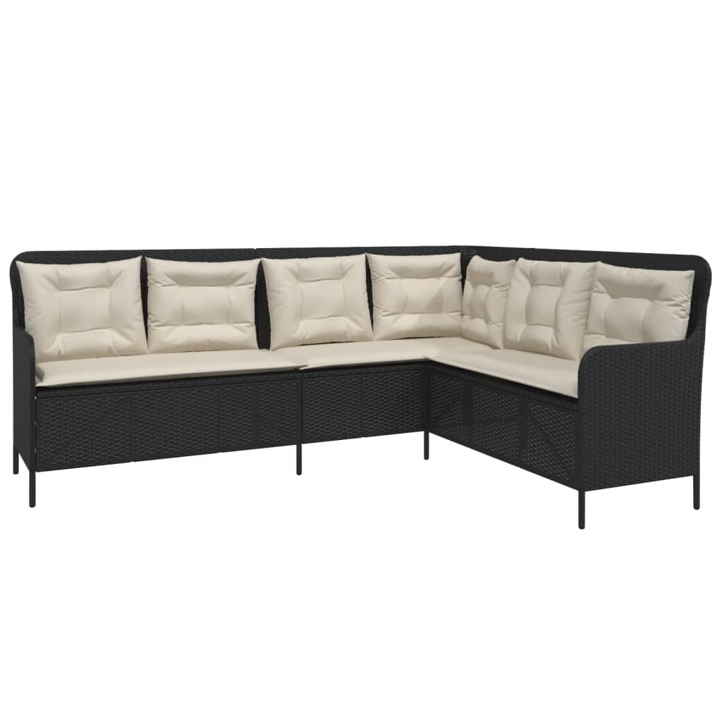 Garden Sofa in L-Shape with Cushions Black Poly Rattan