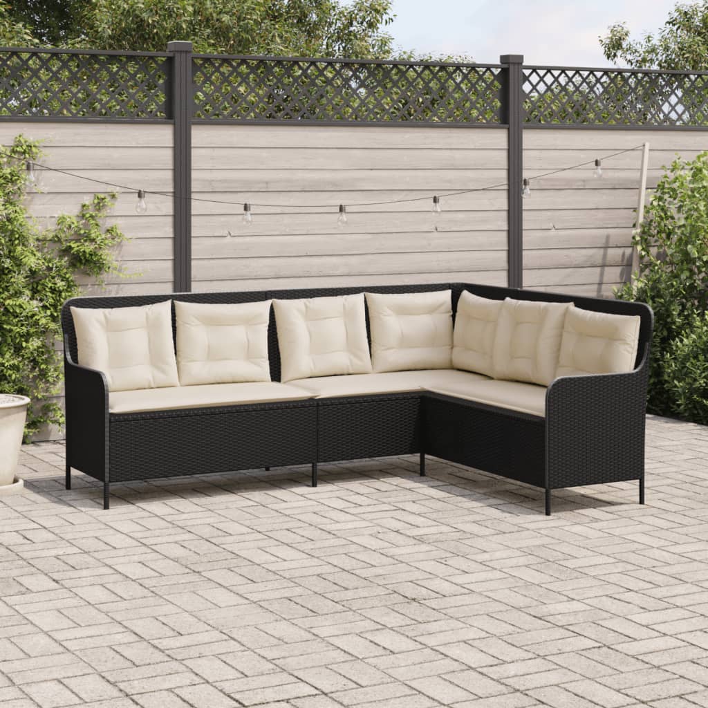 Garden Sofa in L-Shape with Cushions Black Poly Rattan