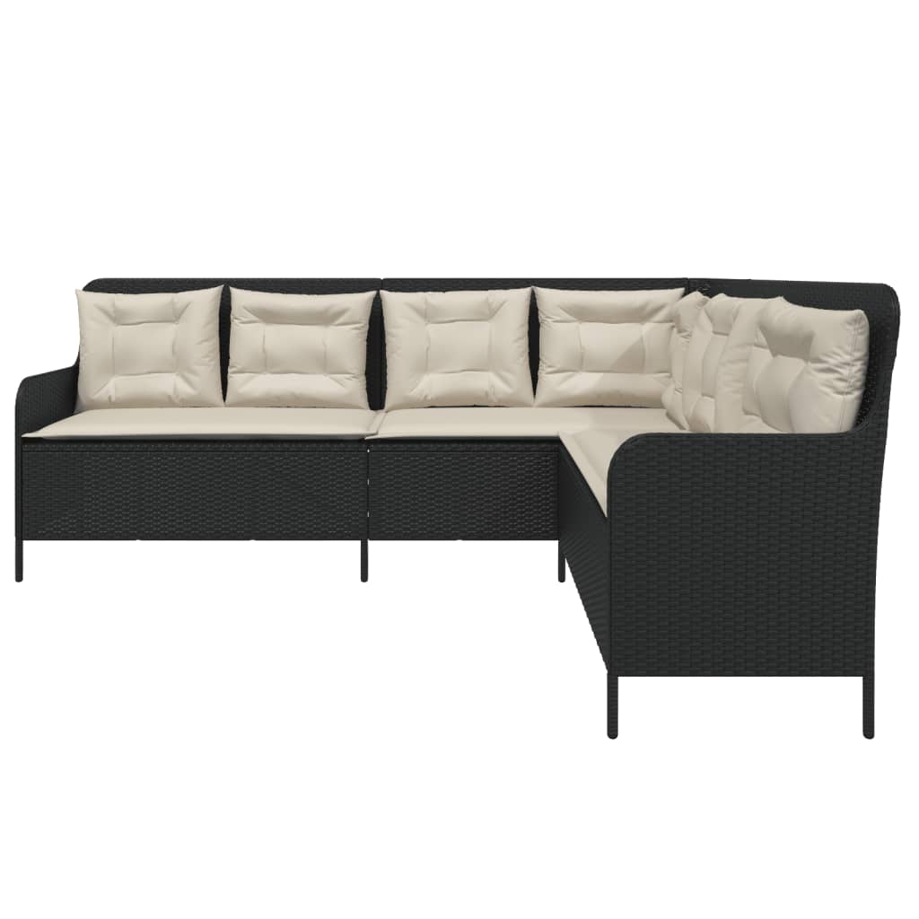 Garden Sofa in L-Shape with Cushions Black Poly Rattan