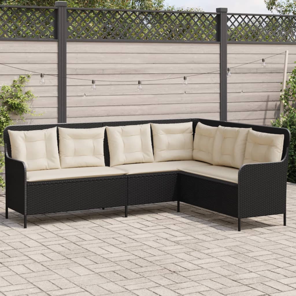 Garden Sofa in L-Shape with Cushions Black Poly Rattan
