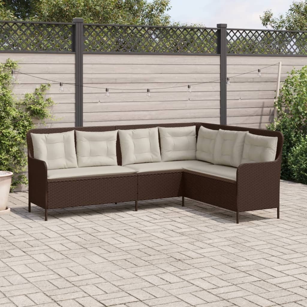 Garden Sofa in L-Shape with Cushions Brown Poly Rattan
