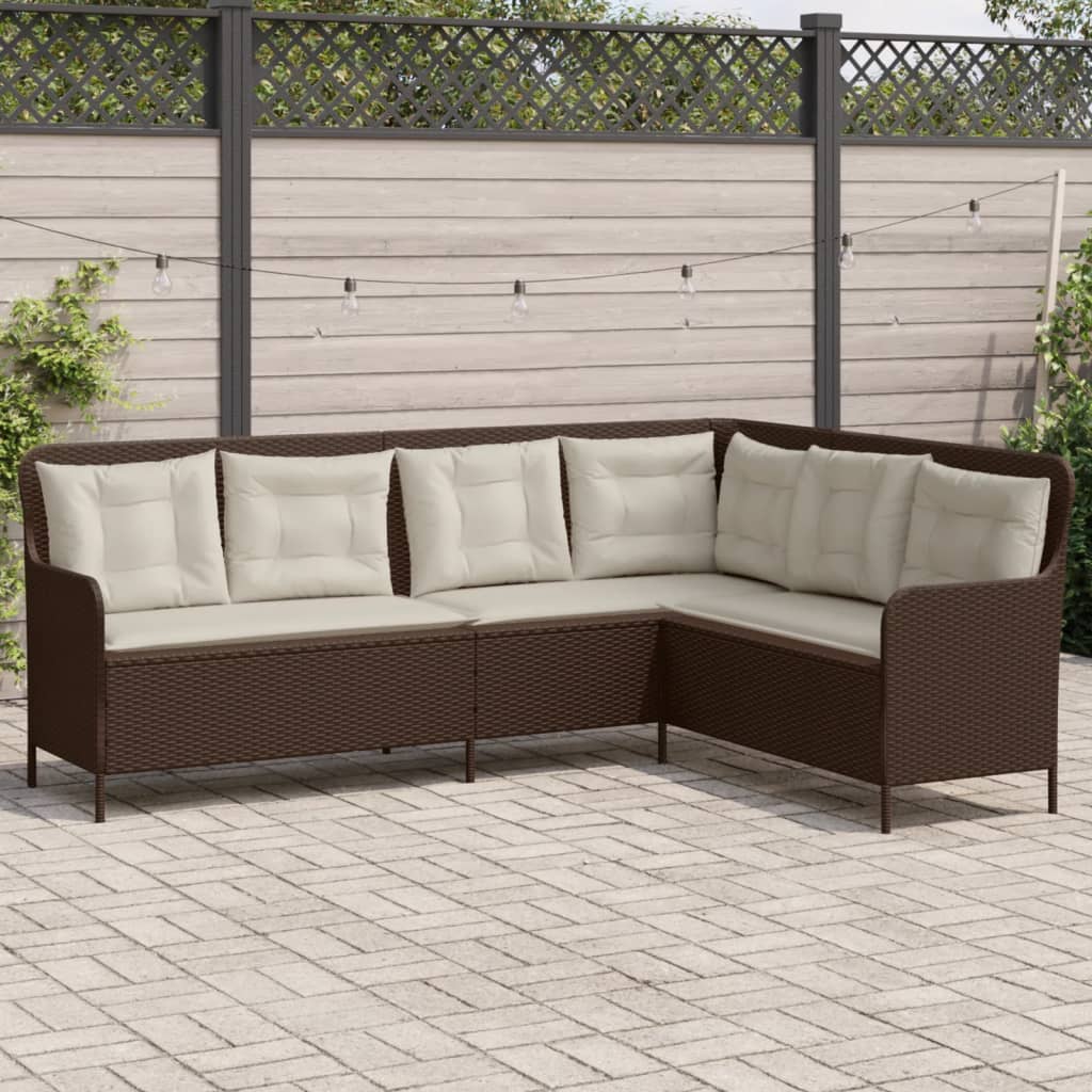 Garden Sofa in L-Shape with Cushions Brown Poly Rattan