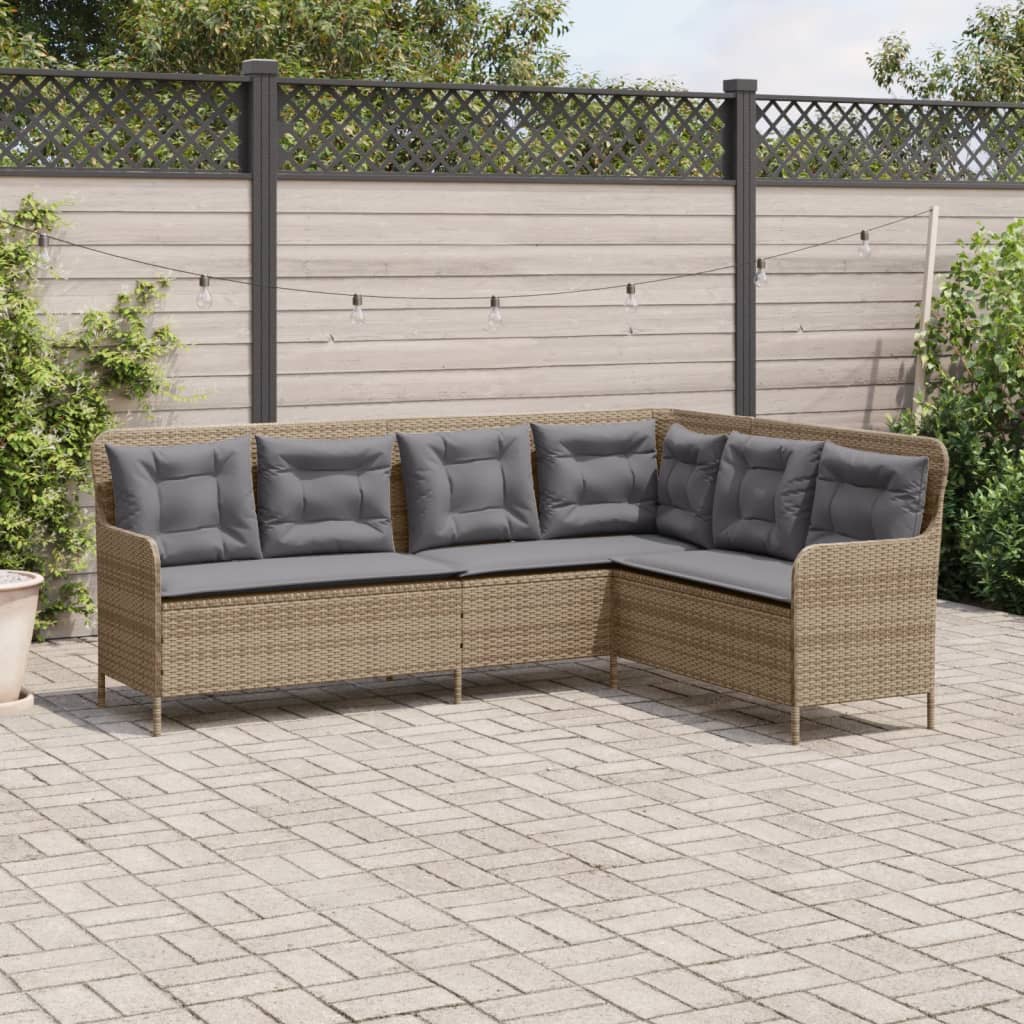 L-shaped garden sofa with cushions beige poly rattan