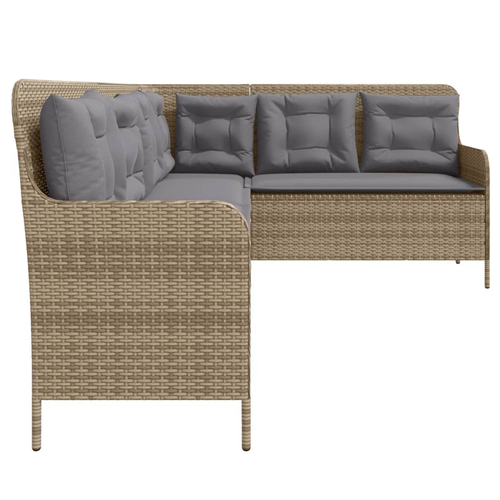 L-shaped garden sofa with cushions beige poly rattan